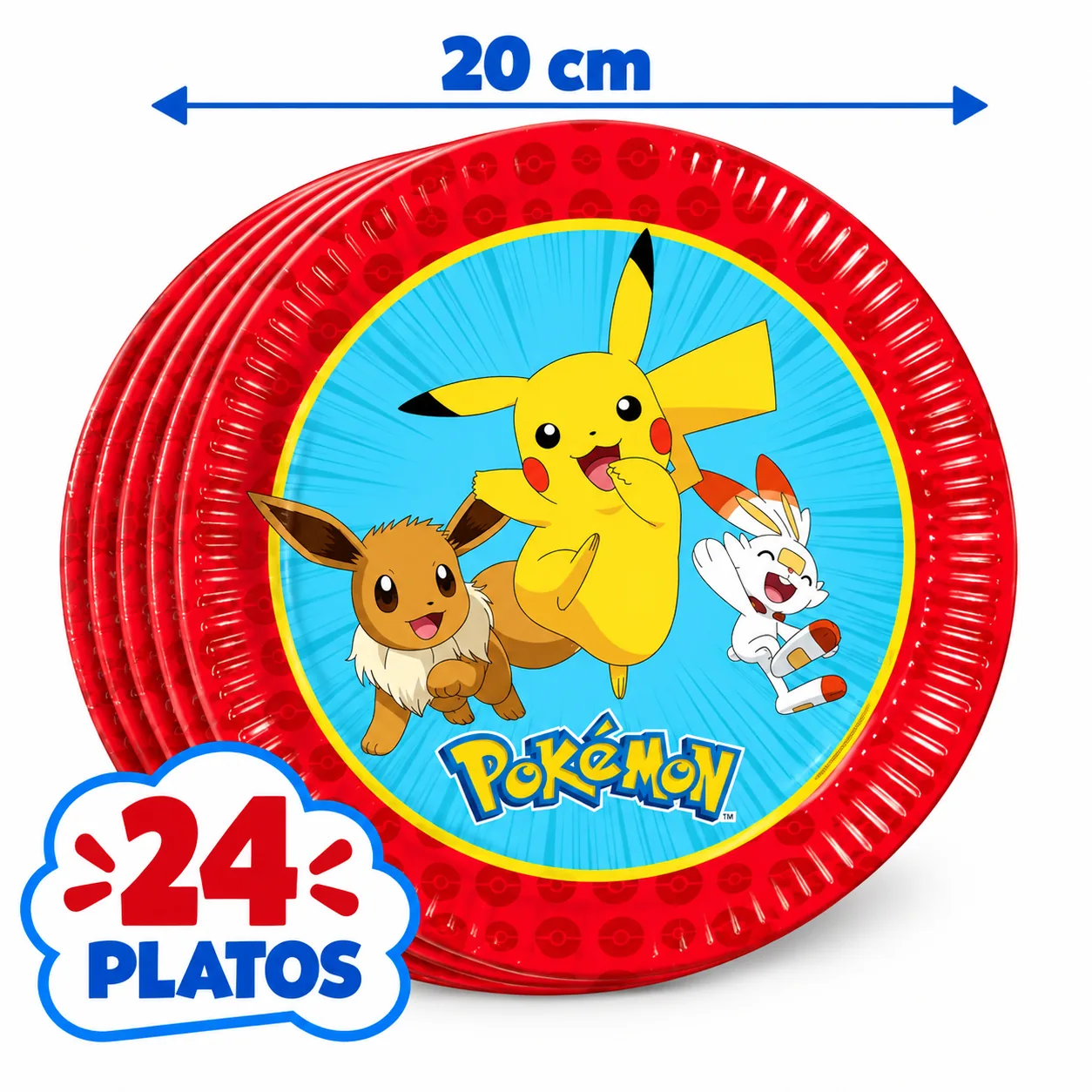 24 platos de 20 cm de Pokémon con Pikachu, Eevee y Scorbunny, borde rojo