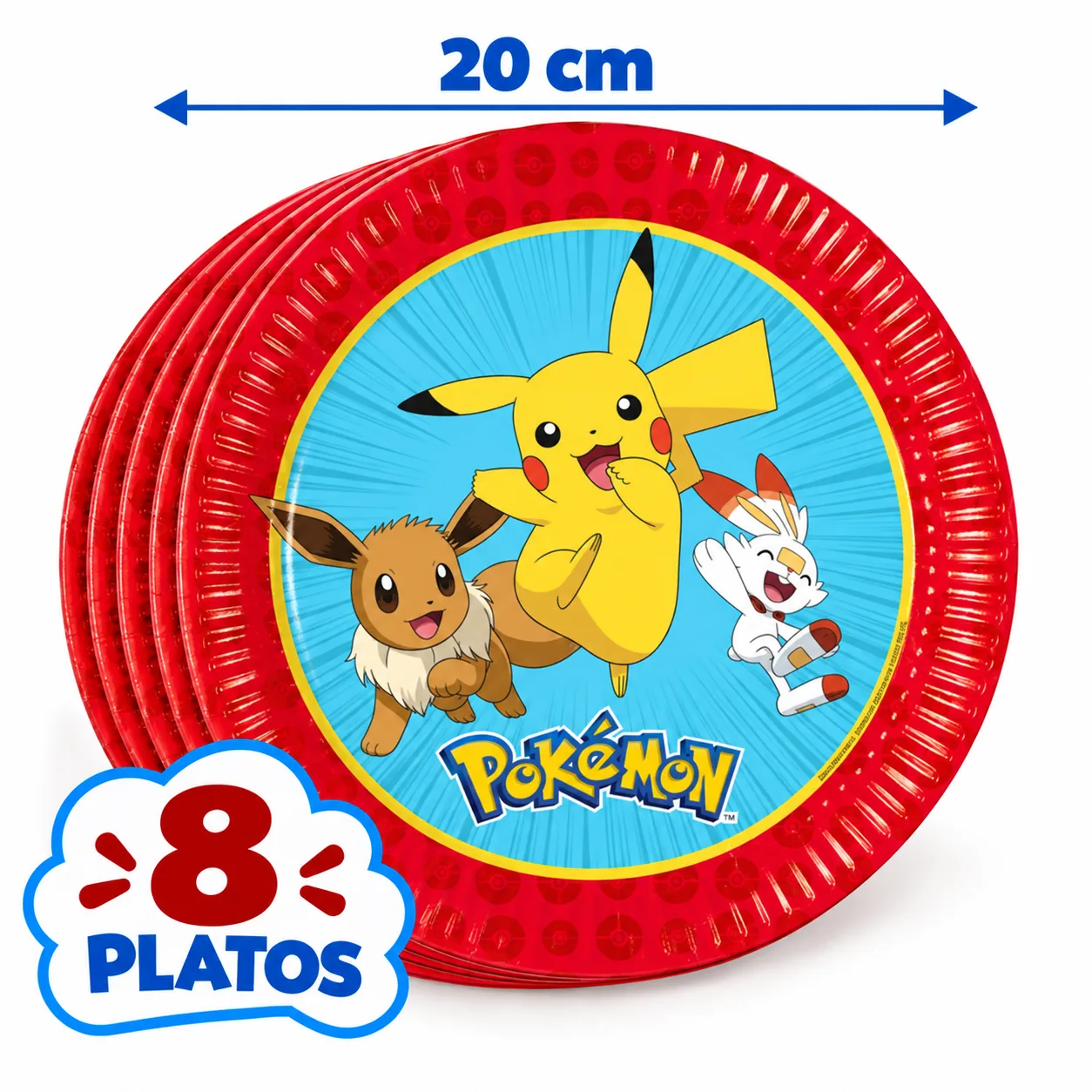 8 platos de 20 cm de Pokémon con Pikachu, Eevee y Scorbunny, borde rojo