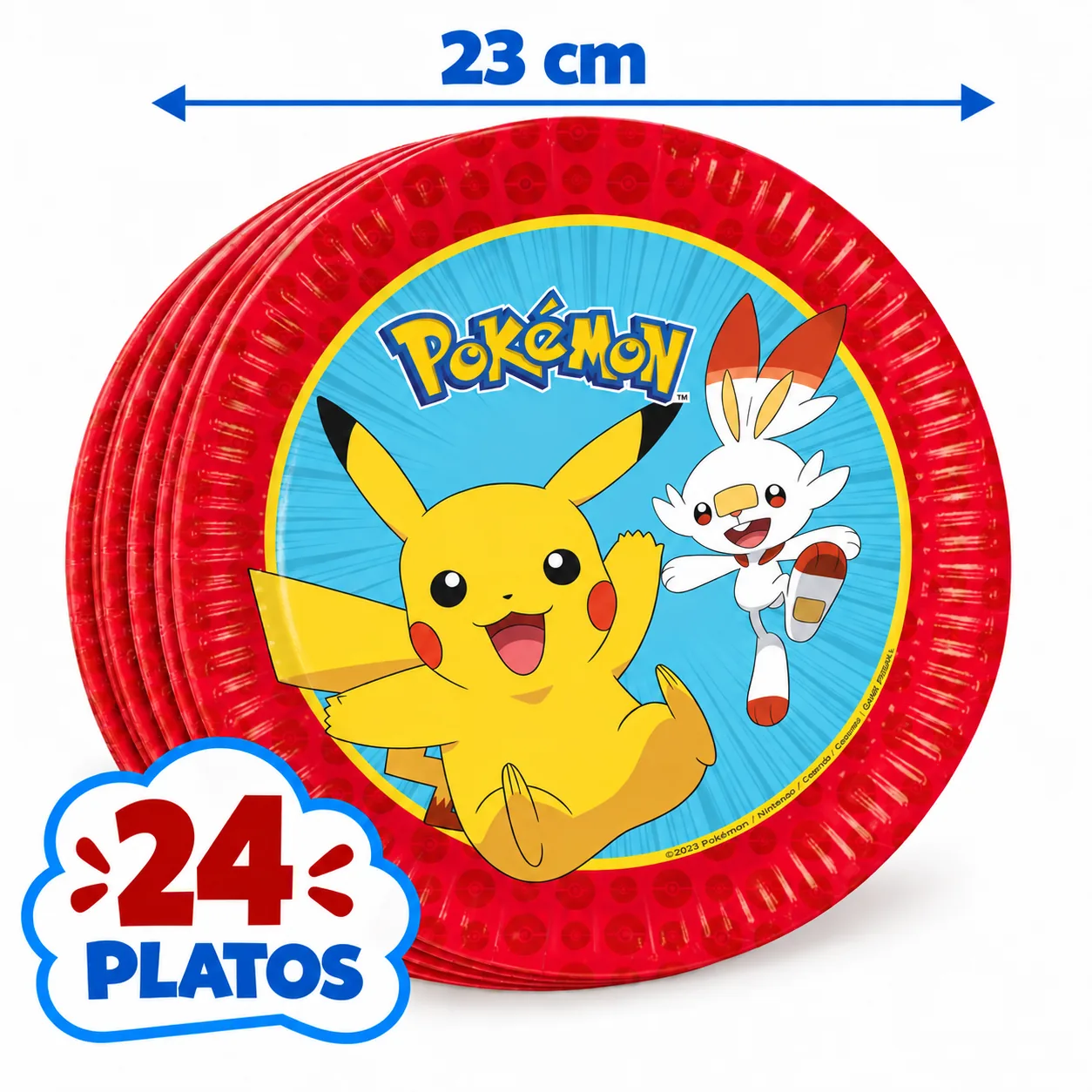 24 platos de 23 cm de Pokémon con Pikachu y Scorbunny, borde rojo