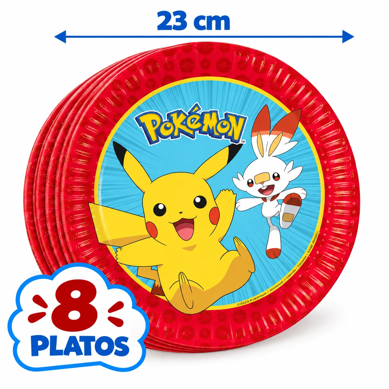 8 platos de 23 cm de Pokémon con Pikachu y Scorbunny, borde rojo