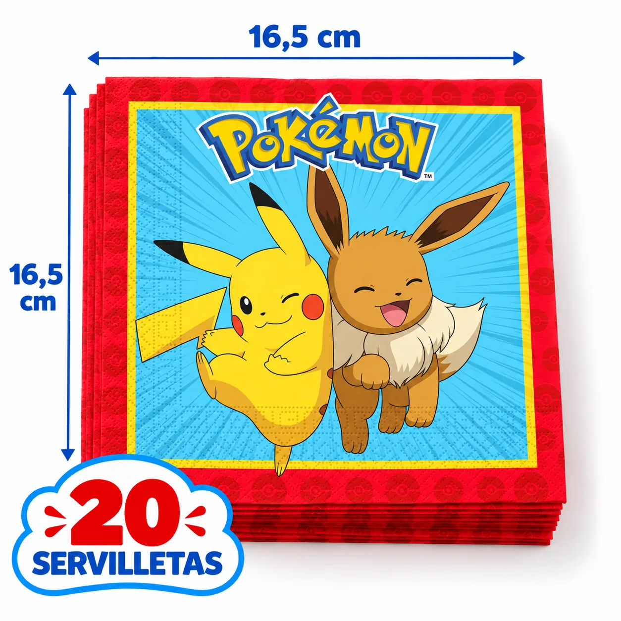 20 servilletas de Pokémon con Pikachu y Eevee, 16,5 cm dobladas