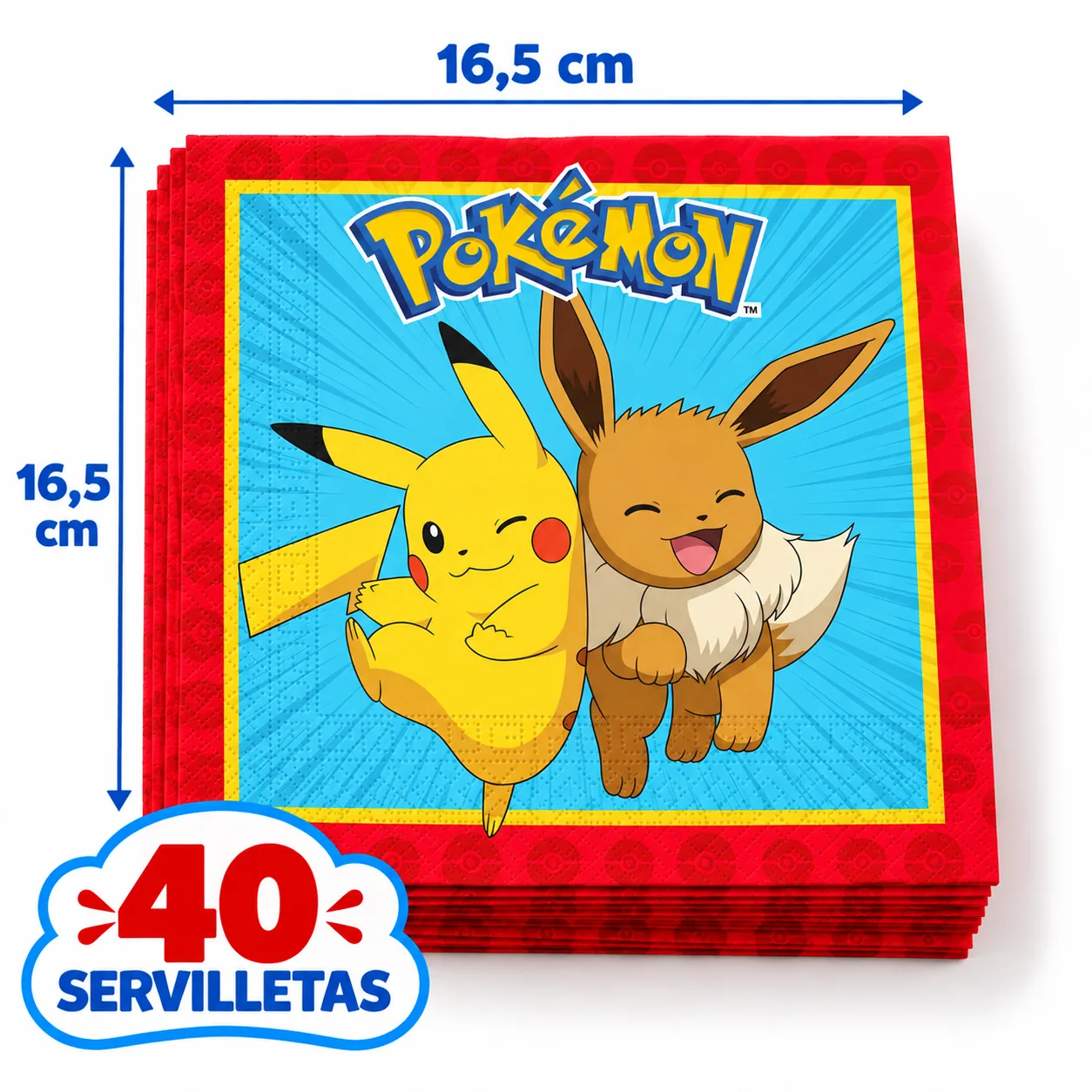 40 servilletas de Pokémon con Pikachu y Eevee, 16,5 cm dobladas