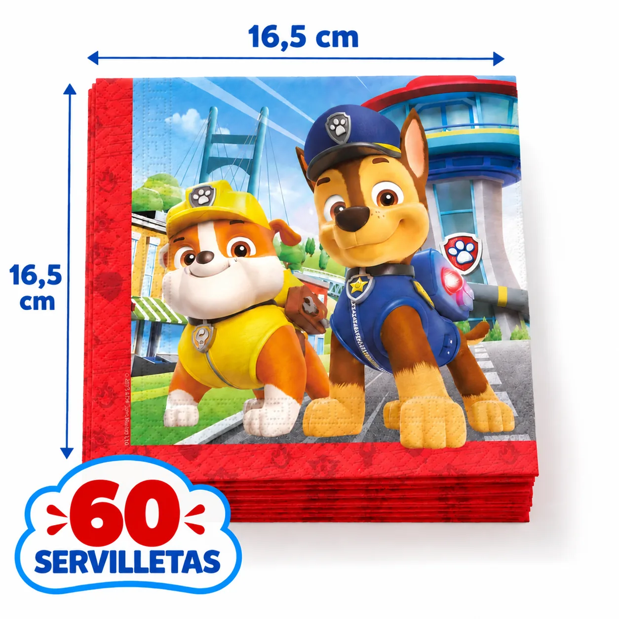 60 servilletas de la Patrulla Canina con Chase y Rubble, 16,5 cm dobladas
