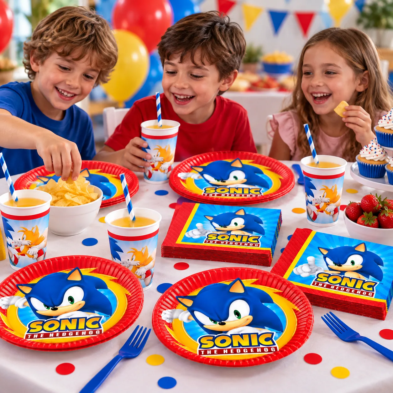 Niños comiendo patatas en una mesa con platos rojos y vasos de Sonic
