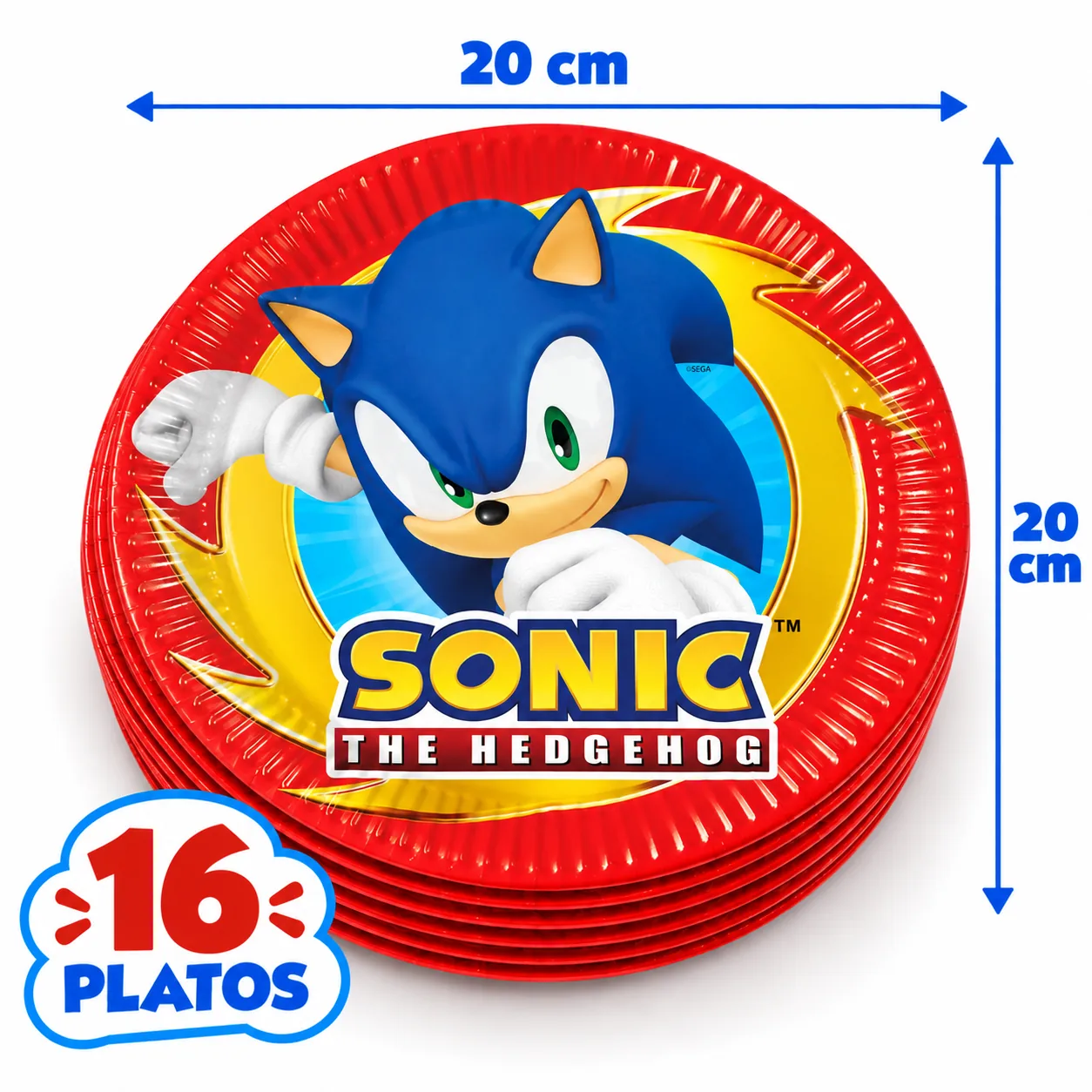 16 platos de 20 cm de Sonic the Hedgehog con borde rojo