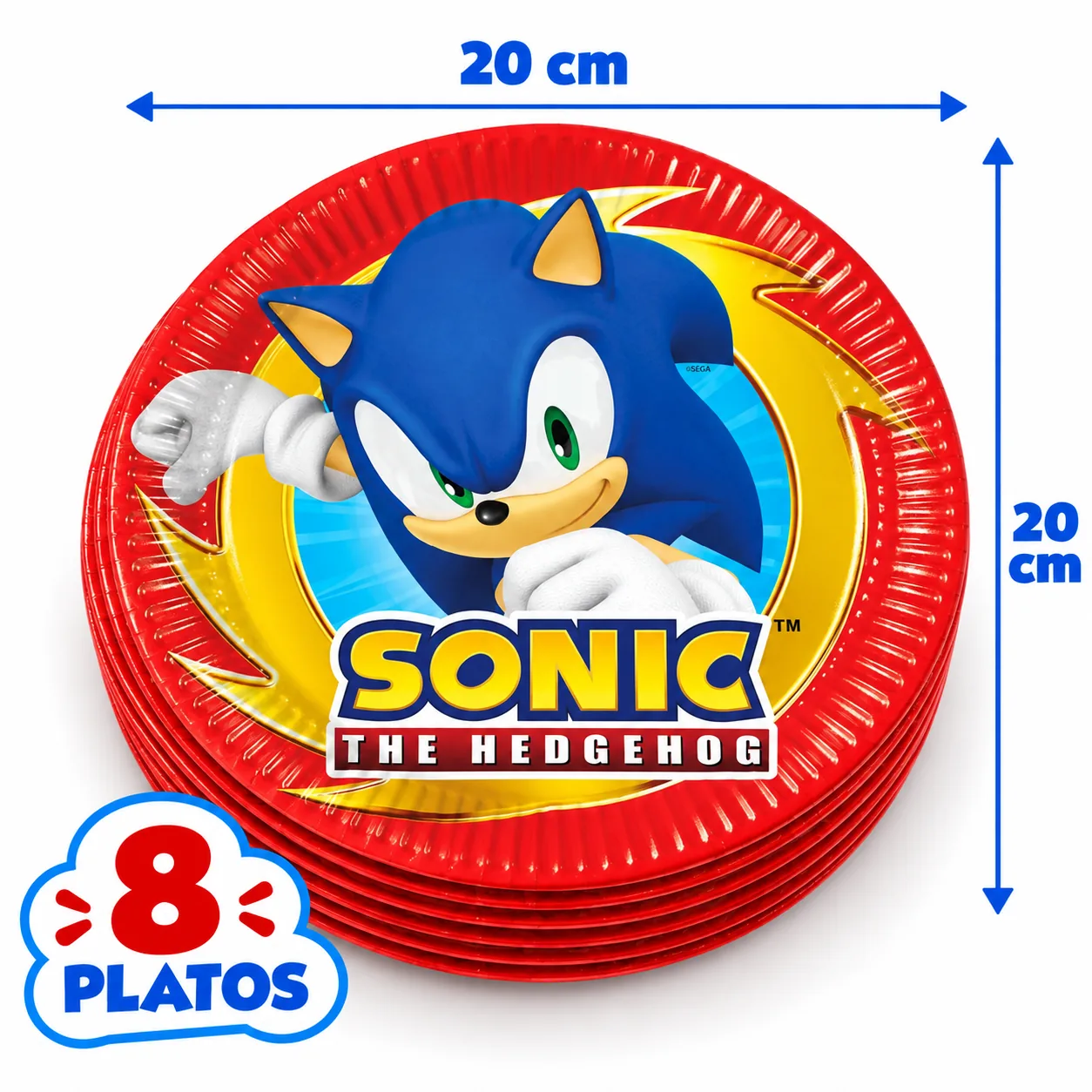 8 platos de 20 cm de Sonic the Hedgehog con borde rojo