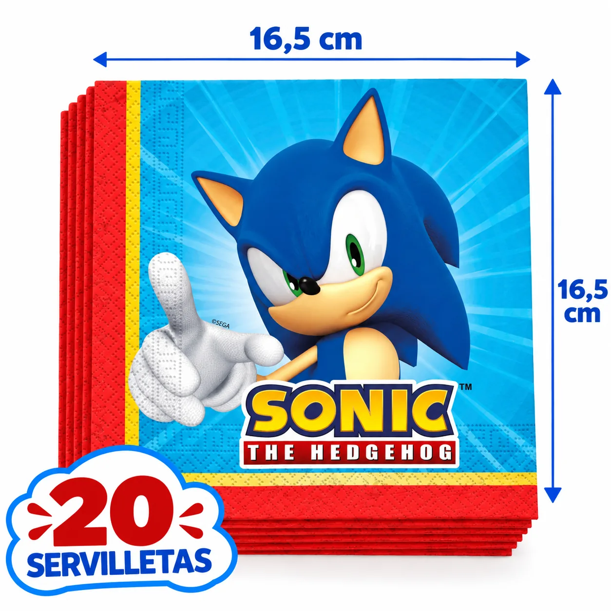 20 servilletas de Sonic con borde rojo, 16,5 cm dobladas