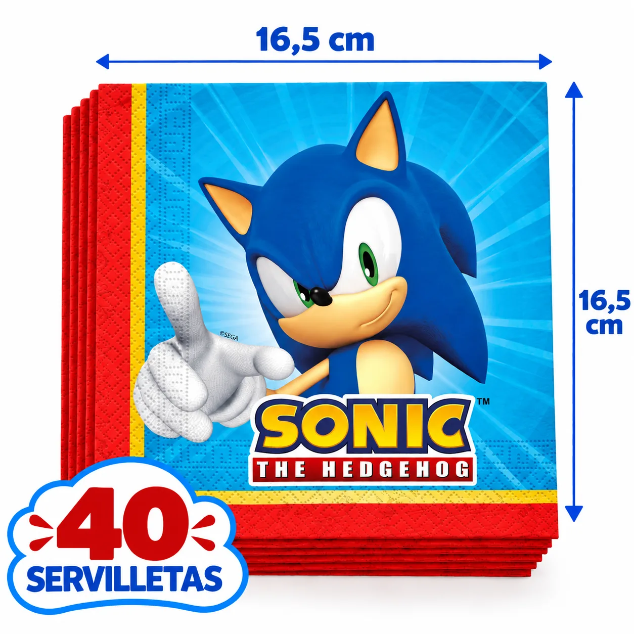 40 servilletas de Sonic con borde rojo, 16,5 cm dobladas