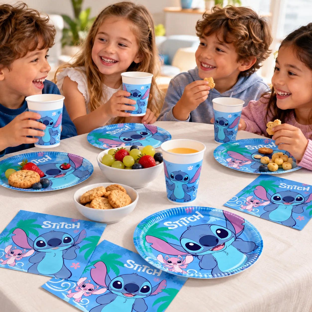 Niños merendando galletas y fruta con platos y vasos de Stitch