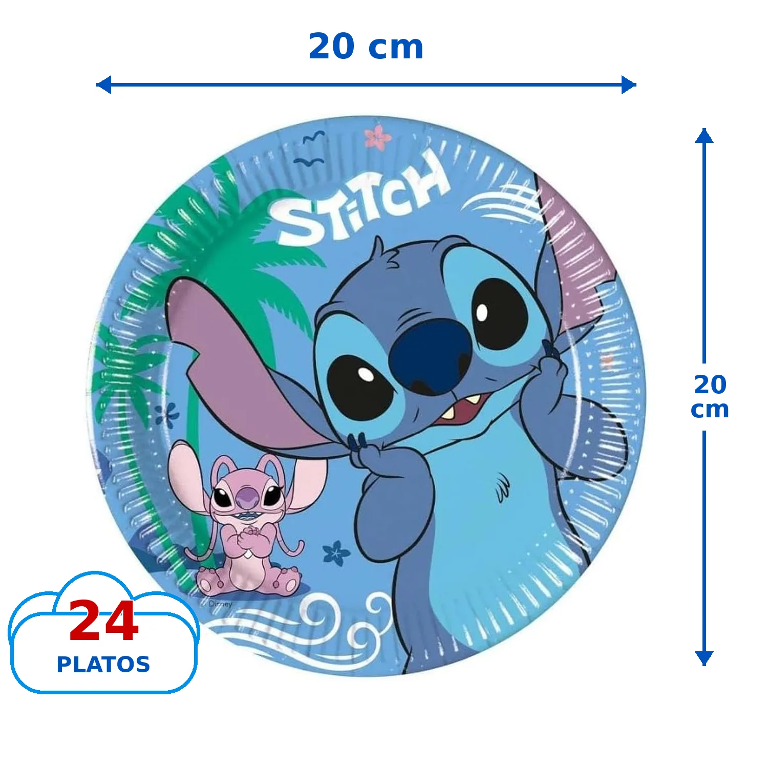 24 platos de 20 cm de Stitch con Angel y palmeras