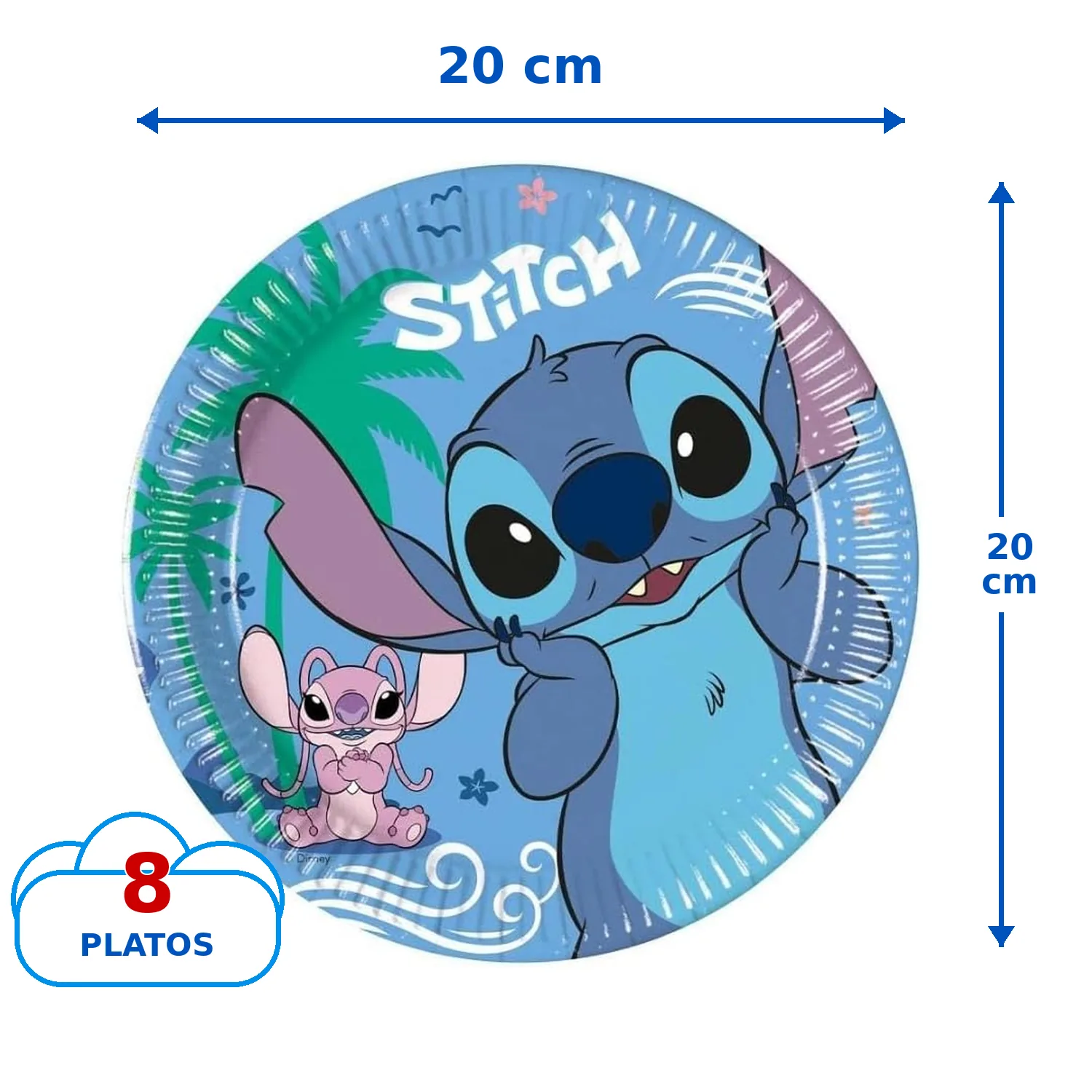 8 platos de 20 cm de Stitch con Angel y palmeras