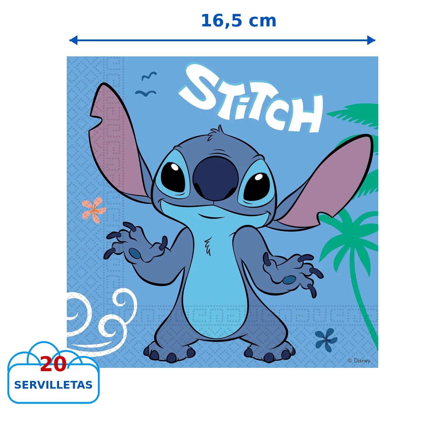 20 servilletas azules de Stitch con palmeras, 16,5 cm dobladas