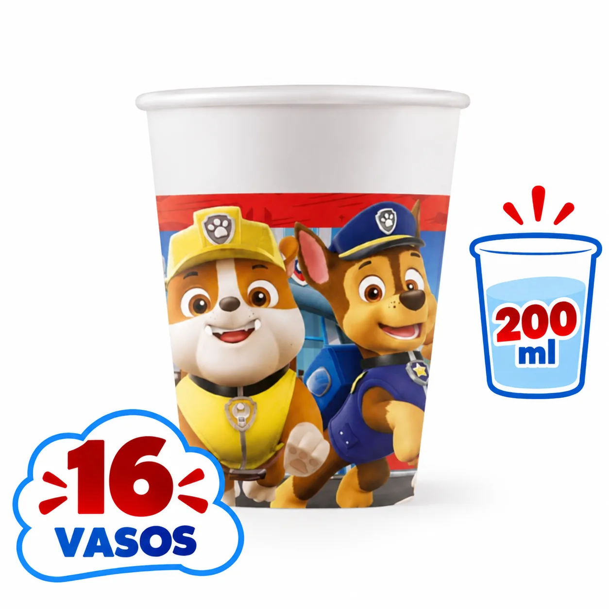 Vaso de 200 ml de la Patrulla Canina con Rubble y Chase, 16 unidades